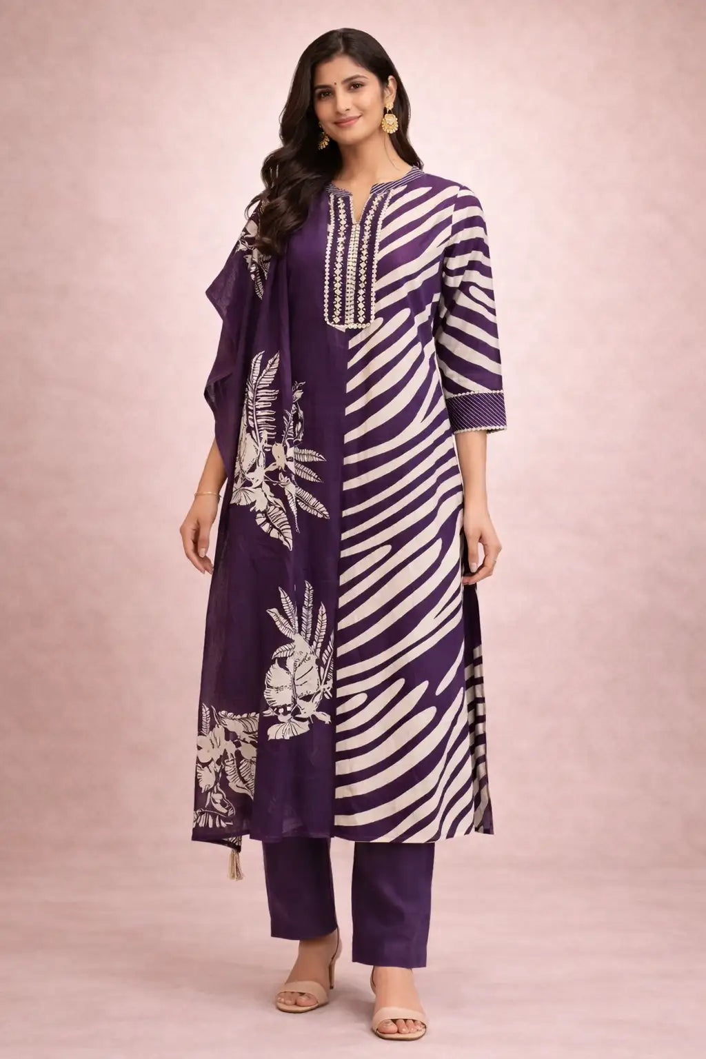 Purple Abstract Printed Kurta Set with Dupatta